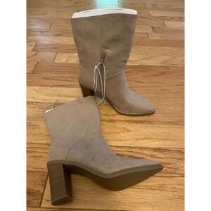 NWT Universal Thread, tan, faux suede, block heel pointed toe mid calf boots